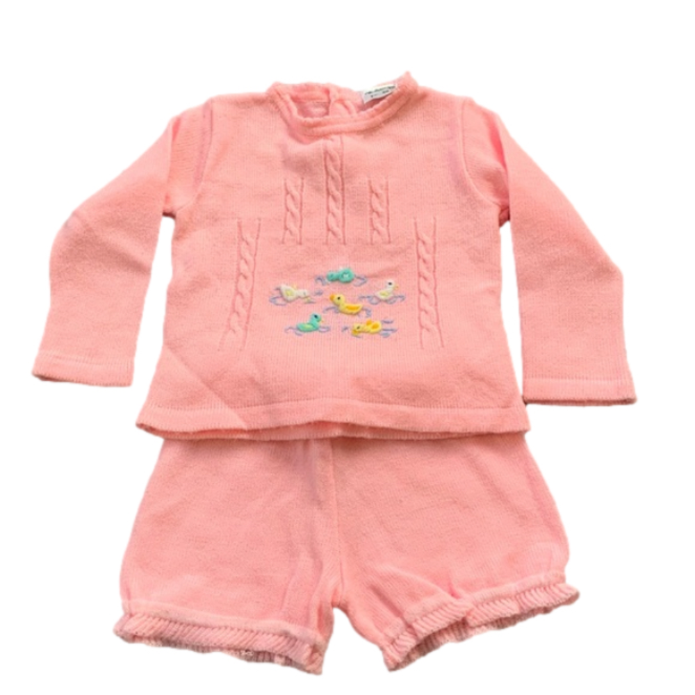Vintage 70s Mothercare Pink Knit Embroidered Duck Sweater Set 12 Months